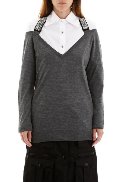 Shop Prada Crystal Ribbon Pullover Knit In Grey