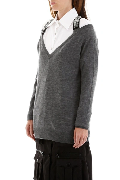 Shop Prada Crystal Ribbon Pullover Knit In Grey