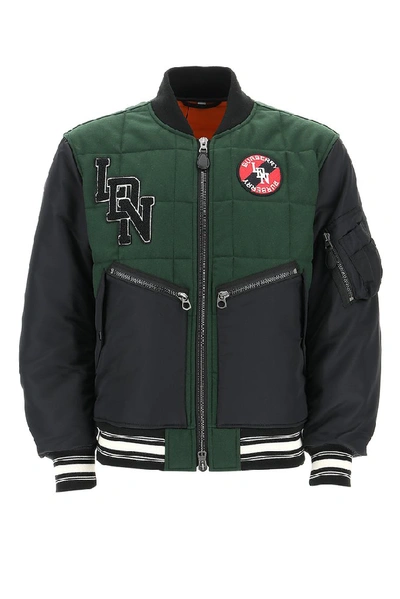 Shop Burberry Quilted Logo Patch Bomber Jacket In Multi