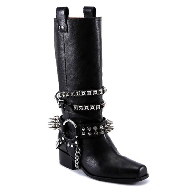 Shop Moschino Studded Leather Boots In Black