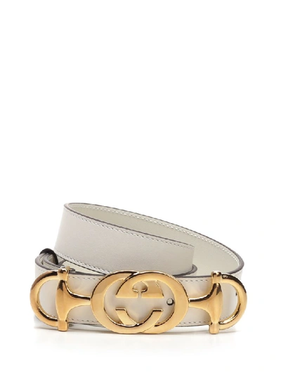 Shop Gucci Interlocking G Horsebit Belt In White