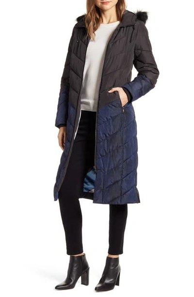 Ted Baker Hylea Faux Fur Hood Long Chevron Quilted Coat In Black | ModeSens
