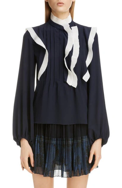 Shop Chloé Contrast Ruffle Bib Silk Blouse In Iconic Milk