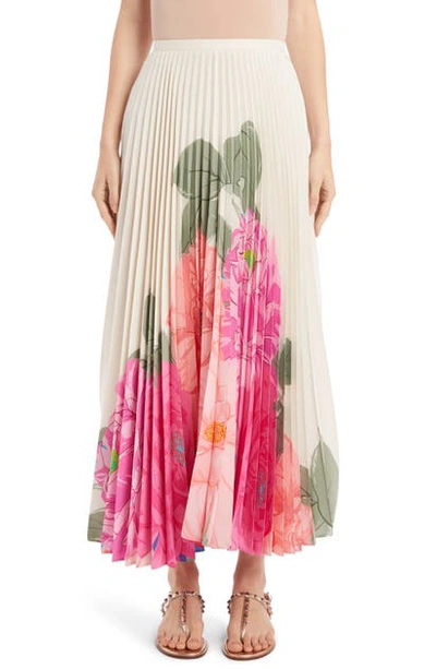 Shop Valentino Marco Camellia Pleated Silk Crepe De Chine Maxi Skirt In Avorio/ Fuxia