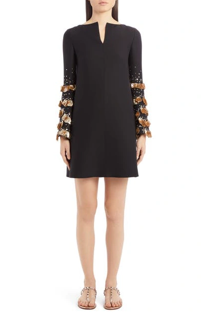 Shop Valentino Sequin Bell Sleeve Wool & Silk Shift Dress In Nero/ Oro