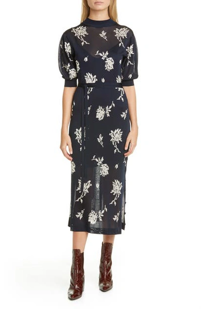 Shop Chloé Floral Jacquard Midi Sweater Dress In Navy