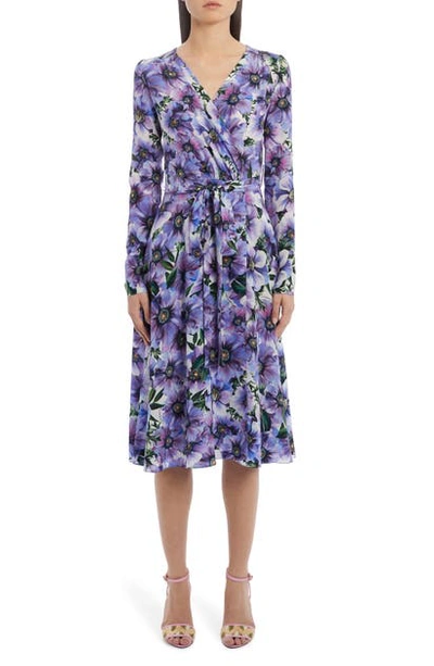 Shop Dolce & Gabbana Floral Long Sleeve Silk Crepe Dress In Purple