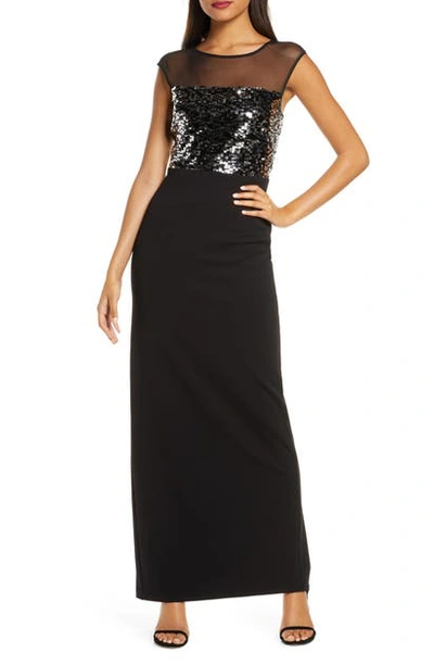Shop Vince Camuto Sequin & Mesh Bodice Column Gown In Black Silver