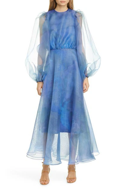 Shop Beaufille Watercolor Print Long Sleeve Organza Gown In Cornflower Blue