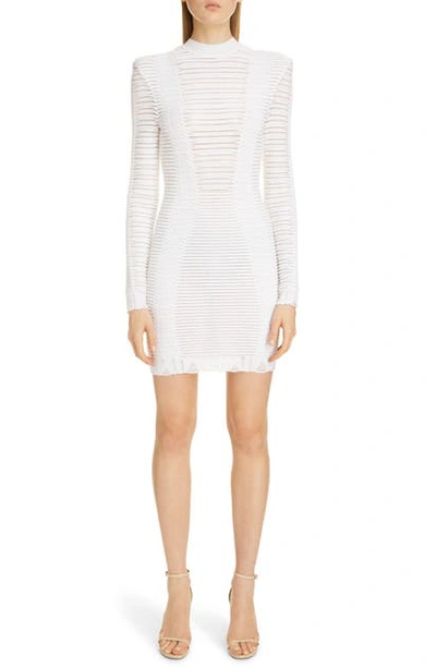 Shop Balmain Sheer Stripe Long Sleeve Sweater Minidress In Blanc
