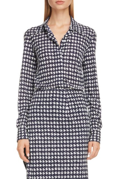 Shop Victoria Beckham Houndstooth Print Shirt In Navy/ Off White