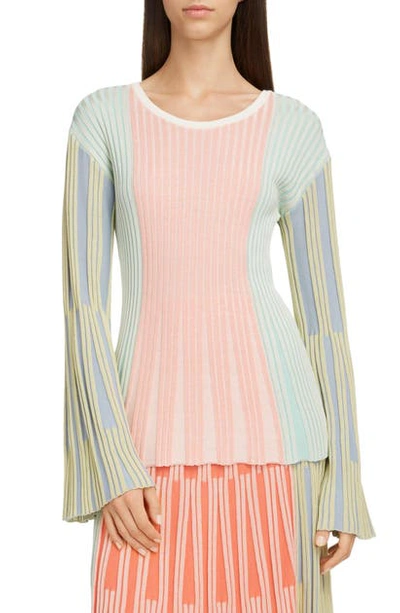 Shop Kenzo Colorblock Ribbed Bell Sleeve Sweater In Multicolor