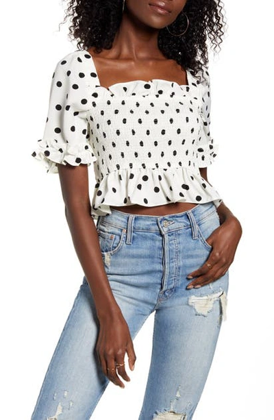 Shop English Factory Polka Dot Smocked Top In White