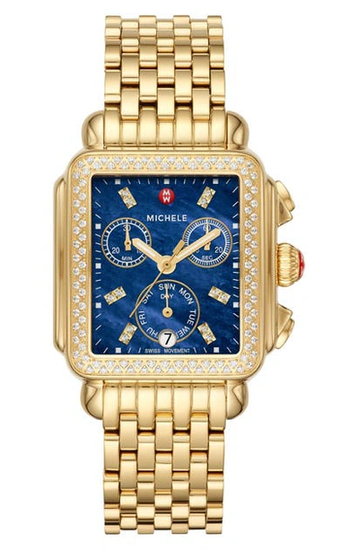 Shop Michele Deco Pave Diamond Dial Chronograph Watch Head & Bracelet, 33mm X 35mm In Gold/ Deep Blue Mop
