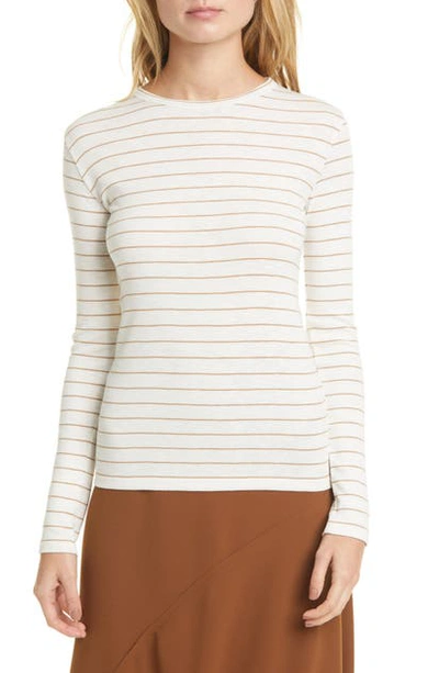 Shop Vince Chalk Stripe Long Sleeve Cotton Blend Top In Off White/ Dune