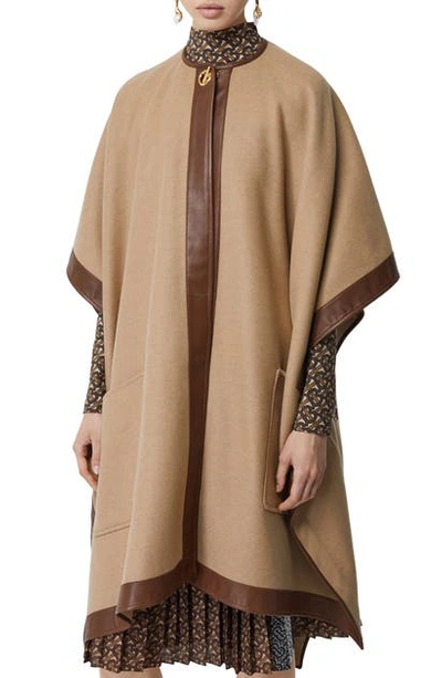 Shop Burberry Pyecombe Leather Trim Cashmere Cape In Camel