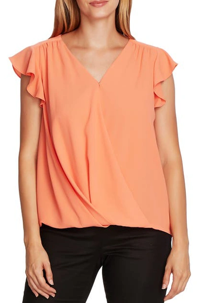 Shop Vince Camuto Flutter Sleeve Wrap Front Blouse In Bright Coral