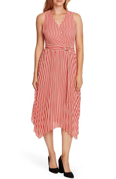 Shop Vince Camuto Geo Print Belted Sleeveless Midi Dress In Apricot Cream
