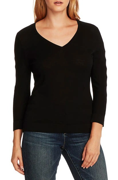 Shop Vince Camuto Cutout Sleeve Cotton Blend Sweater In Rich Black