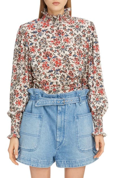 Shop Isabel Marant Floral High Neck Stretch Silk Blouse In Red