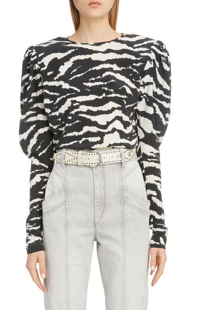 Shop Isabel Marant Zebra Print Puff Sleeve Stretch Silk Blouse In Black