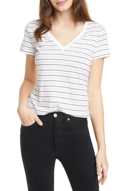 Shop Vince Essential Stripe V-neck Pima Cotton T-shirt In Optic White/ H Grey/ C