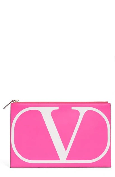 Shop Valentino Large Vlogo Flat Leather Pouch In Fuxia Fluo/ Bianco Ottico