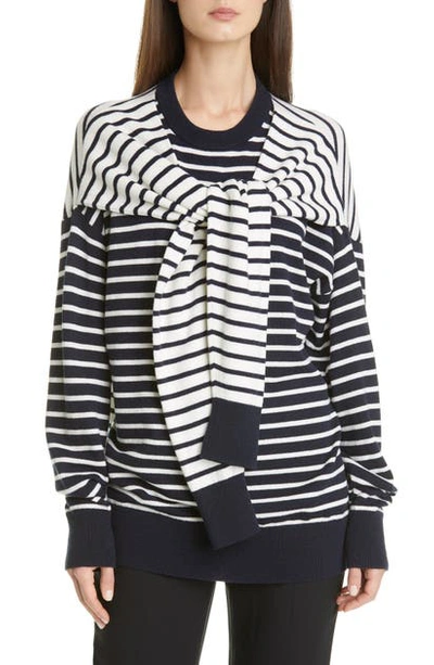 Shop Michael Kors Sleeve Detail Stripe Cashmere Sweater In Midnight/ White