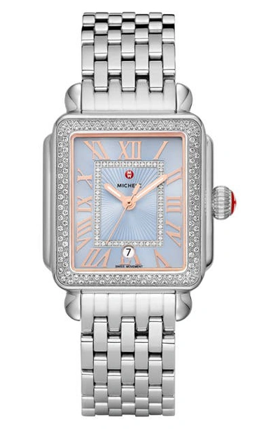 Shop Michele Deco Diamond Bracelet Watch, 33mm X 35mm In Silver/ Sky