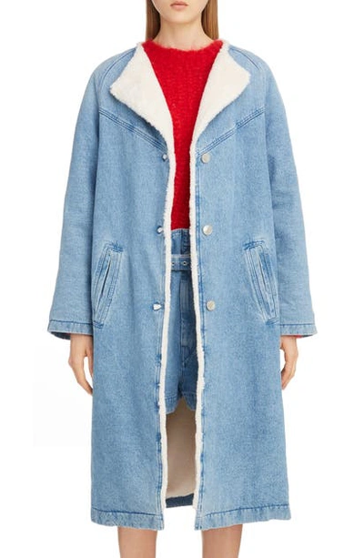 Shop Isabel Marant Faux Fur Lined Denim Coat In Light Blue