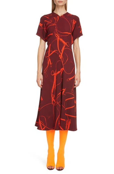 Shop Victoria Beckham Bridle Print Crepe Midi Dress In Bordeaux/ Orange