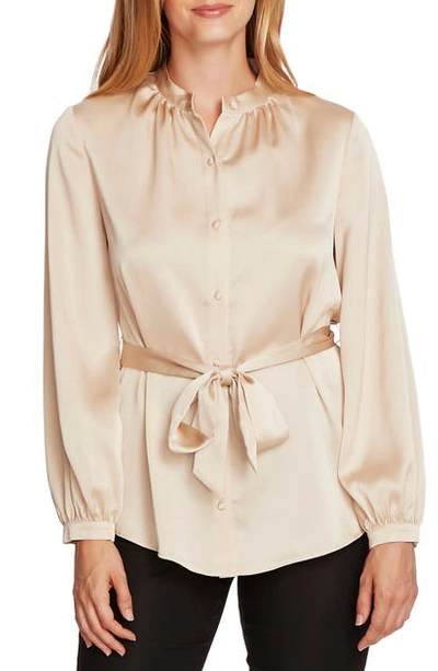 Shop Vince Camuto Belted Satin Charmeuse Blouse In Lt Stone