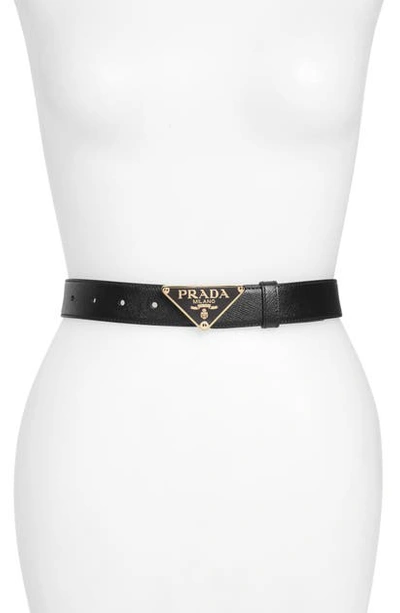 Shop Prada Triangolo Saffiano Leather Belt In Nero/ Gold