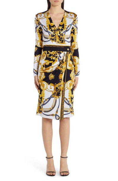 Shop Versace Barocco Rodeo Print Long Sleeve Faux Wrap Dress In Black/gold