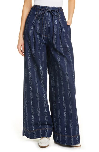 Shop Tory Burch Gemini Jacquard Nonstretch Denim Wide Leg Trousers In Gemini Link Bloom Jacquard