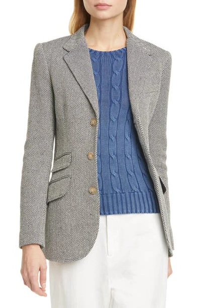 Shop Polo Ralph Lauren Silk & Linen Blend Herringbone Jacket In Navy/ Cream Herringbone