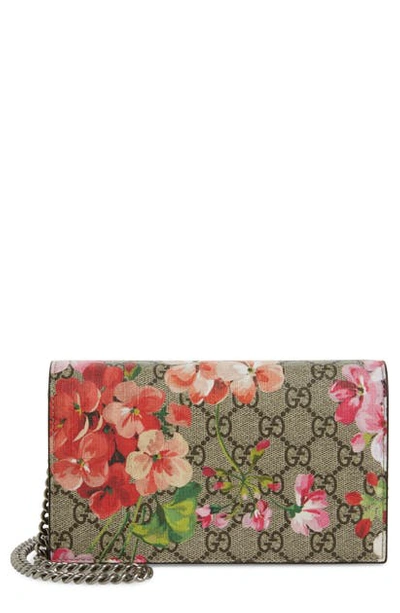 Shop Gucci Gg Blooms Supreme Canvas Wallet On A Chain In Beige Ebony Multi/ Dry Rose