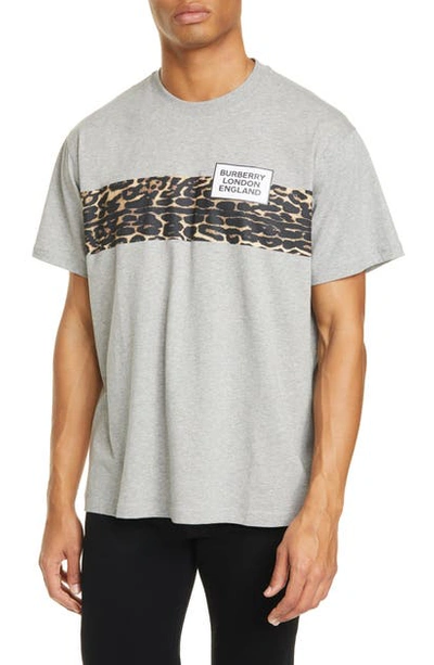 Shop Burberry Kempster Leopard Stripe Logo Graphic Tee In Pale Grey Melange