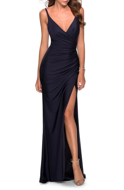 Shop La Femme Ruched Jersey Gown In Navy