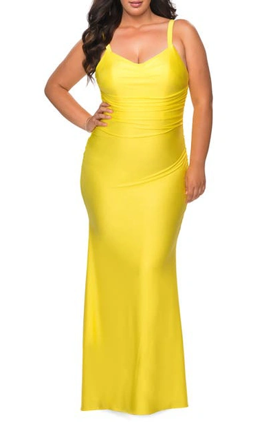 Shop La Femme Ruched Satin Jersey Gown In Yellow