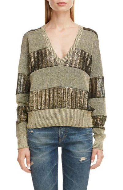 Shop Saint Laurent Metallic Stripe Linen Blend Sweater In Or