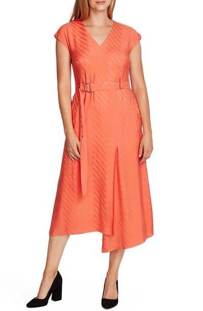 Shop Vince Camuto Satin Jacquard Stripe Belted Dress In Bright Coral