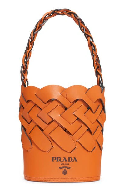 Shop Prada Intreccio Calfskin Leather Bucket Bag In Papaya/ Nero
