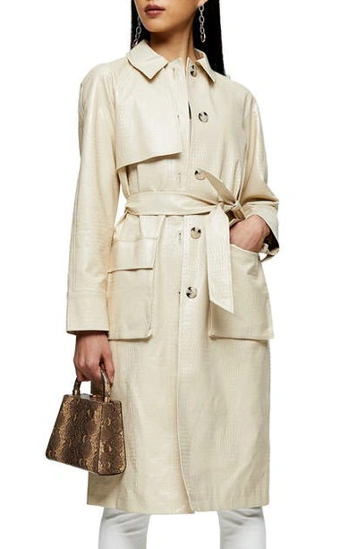 Topshop Croc Embossed Faux Leather Trench Coat In Cream | ModeSens