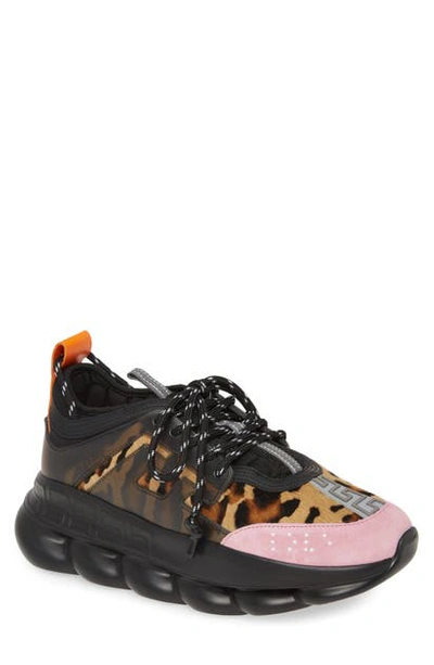 Shop Versace Chain Reaction Sneaker In Black Pink Leopard Calf-hair