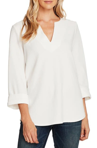 Shop Vince Camuto Split Neck Textured Knit Top In Pearl Ivory