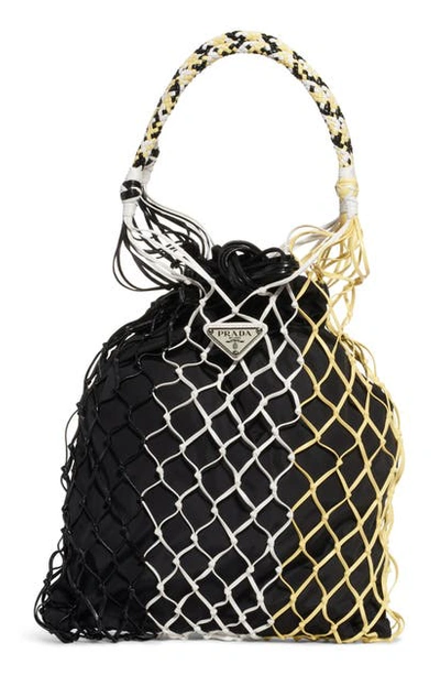 Shop Prada Rete Colorblock Top Handle Drawstring Bag In Nero/ Cedro