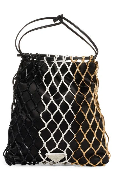 Shop Prada Rete Colorblock Macrame & Satin Drawstring Bag In Nero/ Oro