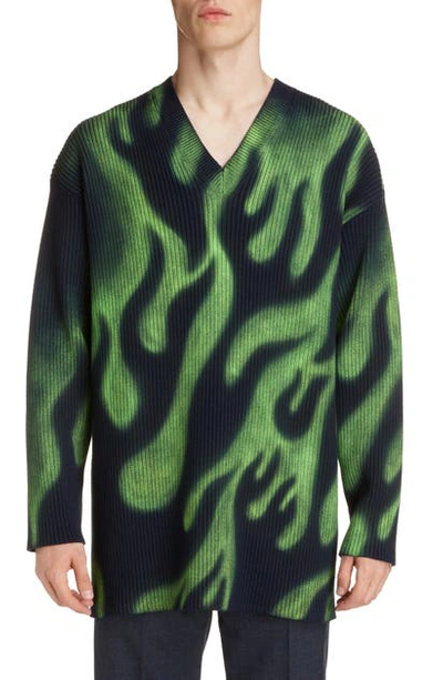 Shop Balenciaga Flame Print Oversize V-neck Wool Blend Sweater In Navy/green