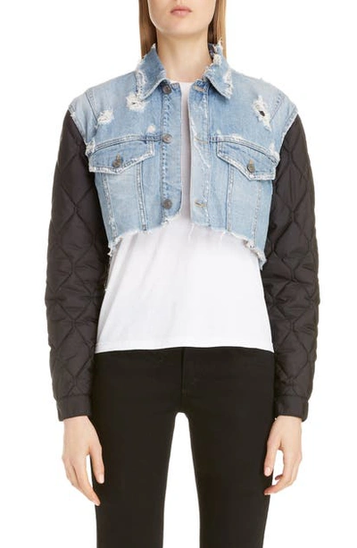 Shop Givenchy Quilted Sleeve Destroyed Denim Jacket In Black/ Light Blue